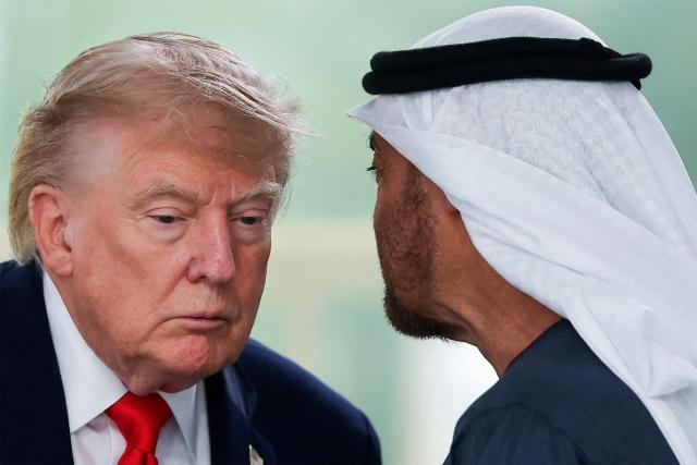 US President Donald Trump listens to UAE's President Sheikh Mohamed bin Zayed al-Nahyan during a work lunch as part of the G7 summit, in Evian, eastern France, on June 16, 2026. A G7 summit is set to take place June 15 to 17 in the French town of Evian-les-Bains near Switzerland and it will be attended by country leaders as well as the EU's foreign policy chief and ministers from Brazil, Canada, the United Arab Emirates and Turkey. (Photo by Christian Hartmann / POOL / AFP)