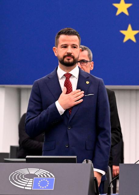 President of Montenegro Jakov Milatovic gestures ahead of a speech during a plenary session at the European Parliament in Strasbourg, eastern France, on June 16, 2026. (Photo by Jean-Christophe VERHAEGEN / AFP)