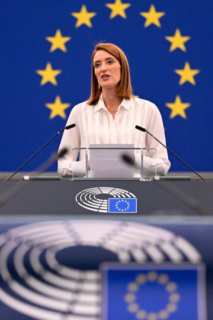 EU Parliament President Roberta Metsola delivers a speech during a plenary session at the European Parliament in Strasbourg, eastern France, on June 16, 2026. (Photo by Jean-Christophe VERHAEGEN / AFP)