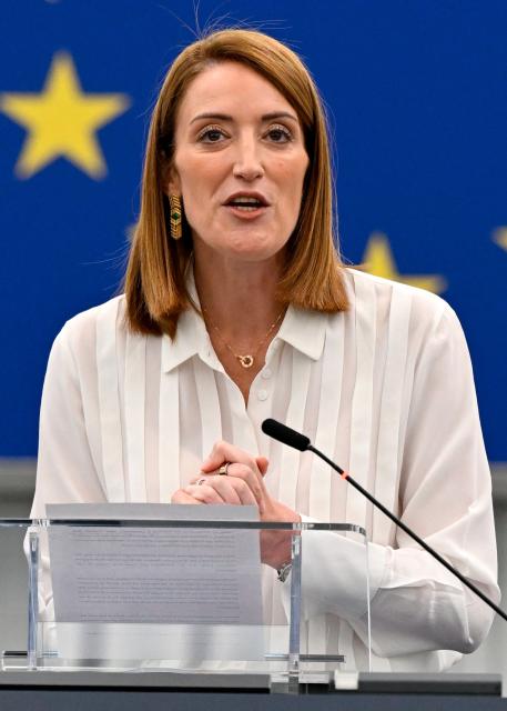 EU Parliament President Roberta Metsola delivers a speech during a plenary session at the European Parliament in Strasbourg on June 16, 2026. (Photo by Jean-Christophe VERHAEGEN / AFP)