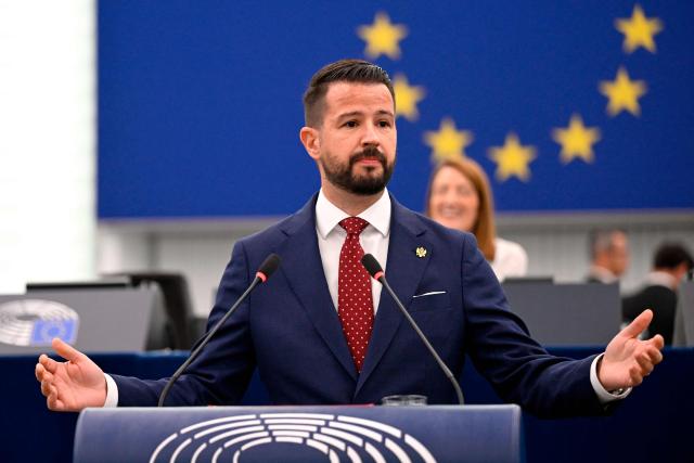 President of Montenegro Jakov Milatovic delivers a speech during a plenary session at the European Parliament in Strasbourg, eastern France, on June 16, 2026. (Photo by Jean-Christophe VERHAEGEN / AFP)
