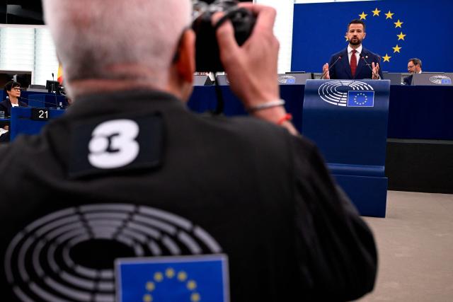 President of Montenegro Jakov Milatovic (2ndR) delivers a speech during a plenary session at the European Parliament in Strasbourg, eastern France, on June 16, 2026. (Photo by Jean-Christophe VERHAEGEN / AFP)