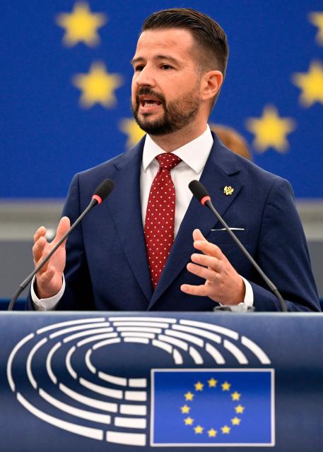 President of Montenegro Jakov Milatovic delivers a speech during a plenary session at the European Parliament in Strasbourg, eastern France, on June 16, 2026. (Photo by Jean-Christophe VERHAEGEN / AFP)