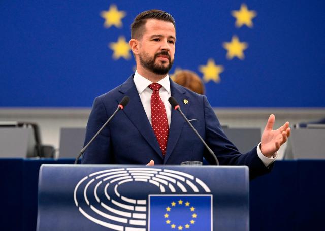 President of Montenegro Jakov Milatovic delivers a speech during a plenary session at the European Parliament in Strasbourg, eastern France, on June 16, 2026. (Photo by Jean-Christophe VERHAEGEN / AFP)