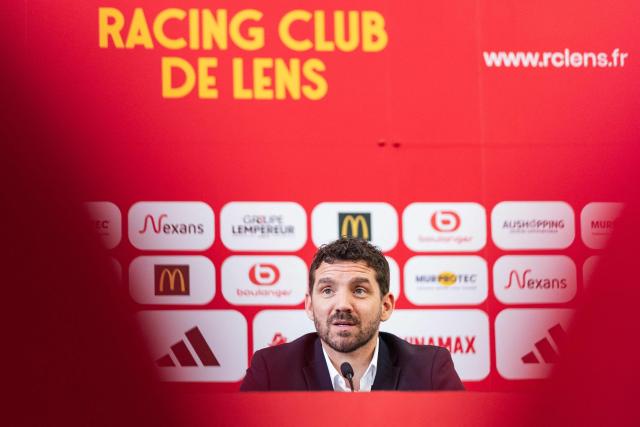 Lens's sporting director Jean-Louis Leca delivers a speech during a press conference at the La Gaillette training centre in Avion, near Lens, northern France, on June 16, 2026. Lens announced the arrival of German coach Dino Toppmoller on a two-year deal. (Photo by Sameer Al-DOUMY / AFP)