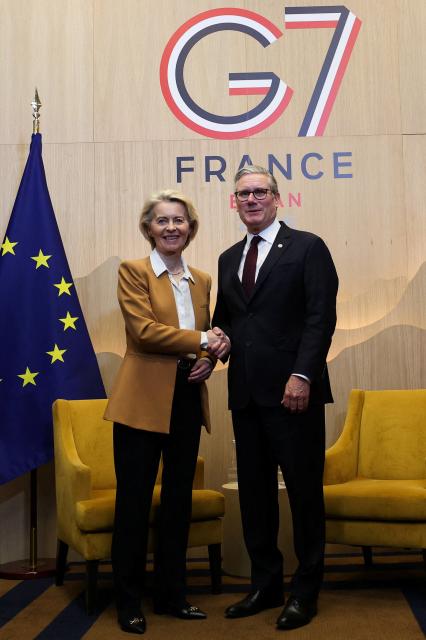 Britain's Prime Minister Keir Starmer attends a bilateral meeting with European Commission President Ursula von der Leyen during the G7 summit, in Evian, eastern France, on June 16, 2026. A G7 summit is set to take place June 15 to 17 in the French town of Evian-les-Bains near Switzerland and it will be attended by country leaders as well as the EU's foreign policy chief and ministers from Brazil, Canada, the United Arab Emirates and Turkey. (Photo by Isabel Infantes / POOL / AFP)