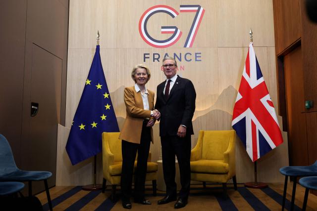 Britain's Prime Minister Keir Starmer attends a bilateral meeting with European Commission President Ursula von der Leyen during the G7 summit, in Evian, eastern France, on June 16, 2026. A G7 summit is set to take place June 15 to 17 in the French town of Evian-les-Bains near Switzerland and it will be attended by country leaders as well as the EU's foreign policy chief and ministers from Brazil, Canada, the United Arab Emirates and Turkey. (Photo by Isabel Infantes / POOL / AFP)