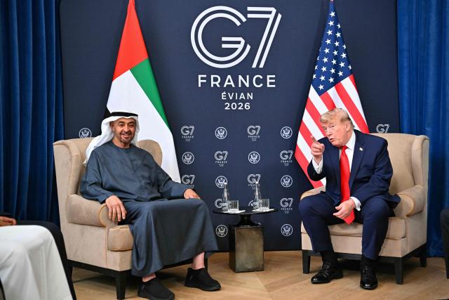 US President Donald Trump attends a bilateral meeting with UAE's President Sheikh Mohamed bin Zayed al-Nahyan during the G7 summit, in Evian, eastern France, on June 16, 2026. A G7 summit is set to take place June 15 to 17 in the French town of Evian-les-Bains near Switzerland and it will be attended by country leaders as well as the EU's foreign policy chief and ministers from Brazil, Canada, the United Arab Emirates and Turkey. (Photo by Mandel NGAN / AFP)