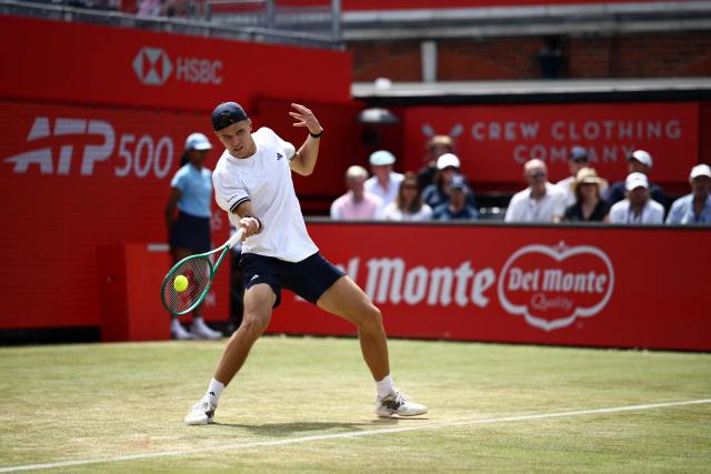 Czech Republic's Jakub Mensik returns against France's Adrian Mannarino during their men's singles round of 32 tennis match on day two of the ATP HSBC Championships at Queen's Club in west London on June 16, 2026. (Photo by Henry NICHOLLS / AFP)