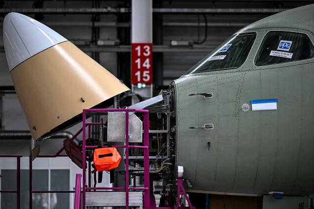 This photograph shows a Falcon 6X business aircraft on an assembly line at the Dassault Aviation plant in Merignac, southwestern France on June 16, 2026. (Photo by Christophe ARCHAMBAULT / AFP)