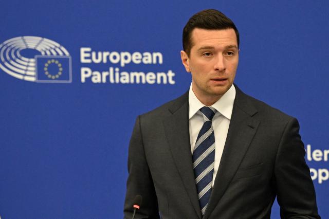 French far-right Rassemblement National (RN) party's President, Member of the European Parliament and president of the Patriots for Europe group Jordan Bardella speaks during a press conference as part of a plenary session at the European Parliament in Strasbourg on June 16, 2026. (Photo by Jean-Christophe VERHAEGEN / AFP)