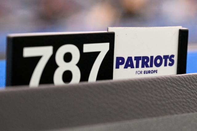This photograph shows the logo of the Patriots for Europe group during a plenary session at the European Parliament in Strasbourg on June 16, 2026. (Photo by Jean-Christophe VERHAEGEN / AFP)
