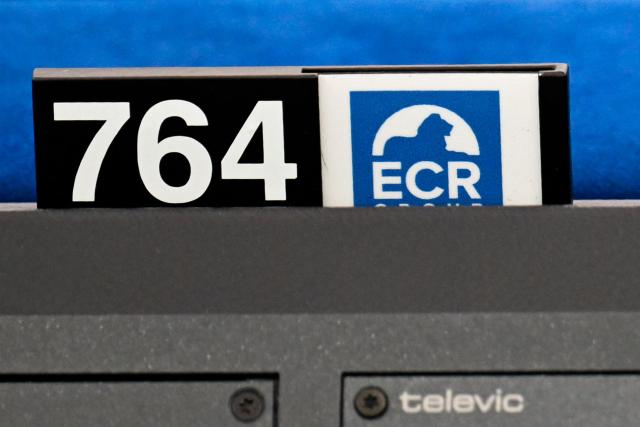 This photograph shows the logo of the European Conservatives and Reformists Group (ECR) during a plenary session at the European Parliament in Strasbourg on June 16, 2026. (Photo by Jean-Christophe VERHAEGEN / AFP)