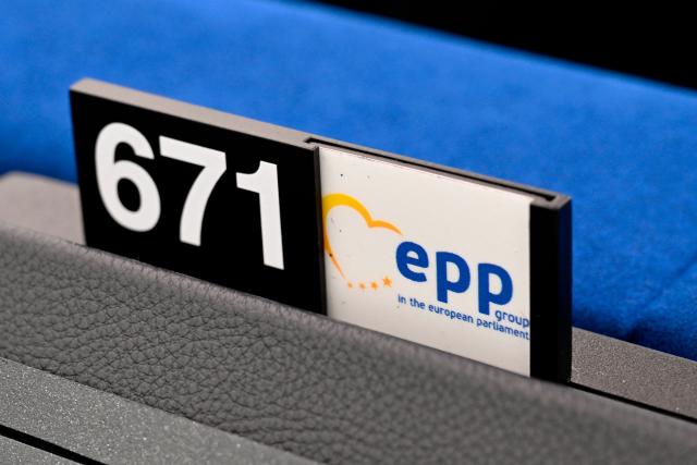 This photograph shows the logo of the European People’s Party (EPP) group during a plenary session at the European Parliament in Strasbourg on June 16, 2026. (Photo by Jean-Christophe VERHAEGEN / AFP)