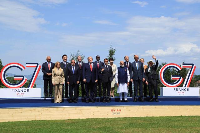 (From L) European Council President Antonio Costa, Italy's Prime Minister Giorgia Meloni, South Korea's President Lee Jae-myung, Egypt's President Abdel Fattah El-Sisi, Britain's Prime Minister Keir Starmer, US President Donald Trump, Kenya's President William Ruto, France's President Emmanuel Macron, Japan's Prime Minister Sanae Takaichi, India's Prime Minister Narendra Modi, Canada's Prime Minister Mark Carney, Germany's Chancellor Friedrich Merz, European Commission President Ursula von der Leyen and Brazilian politician Luiz Inacio Lula Da Silva pose for a family photograph during the G7 summit, in Evian, eastern France, on June 16, 2026. A G7 summit is set to take place June 15 to 17 in the French town of Evian-les-Bains near Switzerland and it will be attended by country leaders as well as the EU's foreign policy chief and ministers from Brazil, Canada, the United Arab Emirates and Turkey. (Photo by Ludovic MARIN / POOL / AFP)