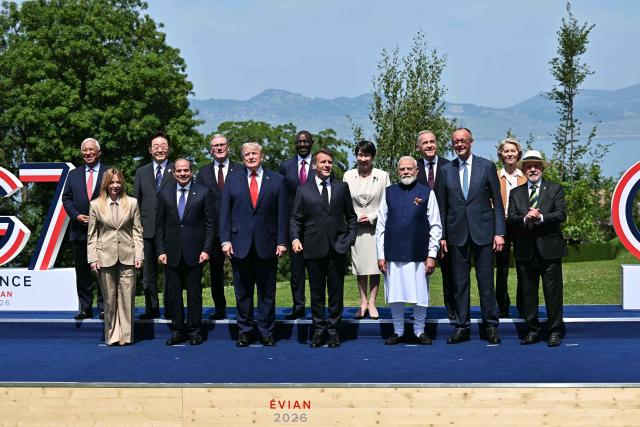 (From L) European Council President Antonio Costa, Italy's Prime Minister Giorgia Meloni, South Korea's President Lee Jae-myung, Egypt's President Abdel Fattah El-Sisi, Britain's Prime Minister Keir Starmer, US President Donald Trump, Kenya's President William Ruto, France's President Emmanuel Macron, Japan's Prime Minister Sanae Takaichi, India's Prime Minister Narendra Modi, Canada's Prime Minister Mark Carney, Germany's Chancellor Friedrich Merz, European Commission President Ursula von der Leyen and Brazilian politician Luiz Inacio Lula Da Silva pose for a family photograph during the G7 summit, in Evian, eastern France, on June 16, 2026. A G7 summit is set to take place June 15 to 17 in the French town of Evian-les-Bains near Switzerland and it will be attended by country leaders as well as the EU's foreign policy chief and ministers from Brazil, Canada, the United Arab Emirates and Turkey. (Photo by Mandel NGAN / AFP)