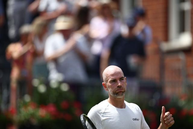 France's Adrian Mannarino reacts after winning against Czech Republic's Jakub Mensik during their men's singles round of 32 tennis match on day two of the ATP HSBC Championships at Queen's Club in west London on June 16, 2026. (Photo by Henry Nicholls / AFP)