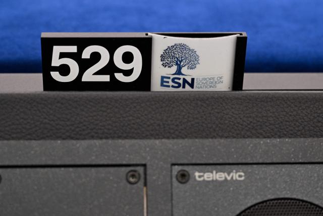 This photograph shows the logo of The Europe of Sovereign Nations (ESN) group during a plenary session at the European Parliament in Strasbourg on June 16, 2026. (Photo by Jean-Christophe VERHAEGEN / AFP)