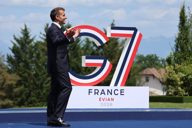 France's President Emmanuel Macron welcomes Kenya's President William Ruto (not in picture) for the official greeting ahead of a work lunch as part of the G7 summit, in Evian, eastern France, on June 16, 2026. A G7 summit is set to take place June 15 to 17 in the French town of Evian-les-Bains near Switzerland and it will be attended by country leaders as well as the EU's foreign policy chief and ministers from Brazil, Canada, the United Arab Emirates and Turkey. (Photo by Ludovic MARIN / AFP)