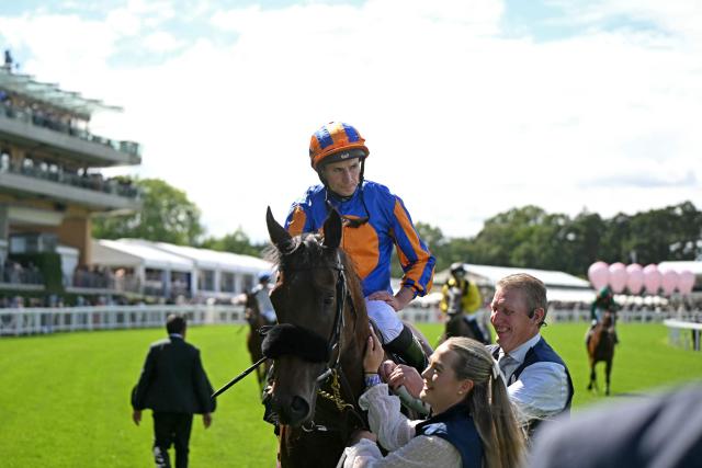 Jockey Aidan O'Brien on Mission Central celebrates winning the King Charles III Stakes horse race on the first day of the Royal Ascot horse racing meeting in Ascot, west of London, on June 16, 2026. (Photo by JUSTIN TALLIS / AFP)