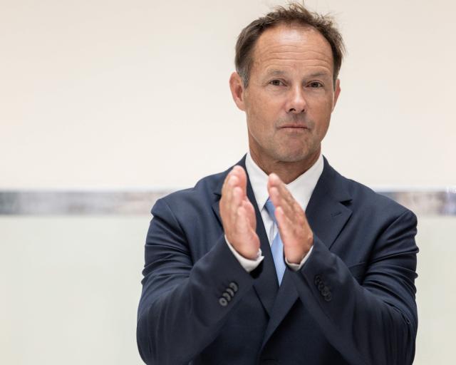 French skipper Thomas Coville reacts to speeches before receiving the Jules Verne Trophy during a ceremony at the Musee national de la Marine (French National Maritim museum), after he and his six crew members broke the non-stop round-the-world navigation on January 25, 2026 in a record time of 40 days, 10 hours and 45 minutes, in Paris on June 16, 2026. The Jules Verne Trophy awards the fastest crewed, unassisted and non-stop circumnavigation of the world on any type of yacht. (Photo by Guillaume BAPTISTE / AFP)