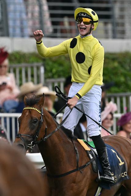 Jockey Billy Loughnane celebrates on Bow Echo after winning the St James's Palace Stakes horse race on the first day of the Royal Ascot horse racing meeting in Ascot, west of London, on June 16, 2026. (Photo by JUSTIN TALLIS / AFP)