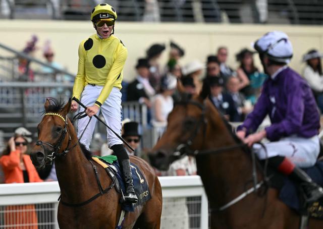 Jockey Billy Loughnane celebrates on Bow Echo after winning the St James's Palace Stakes horse race on the first day of the Royal Ascot horse racing meeting in Ascot, west of London, on June 16, 2026. (Photo by JUSTIN TALLIS / AFP)