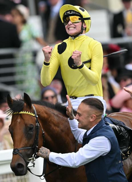 Jockey Billy Loughnane celebrates on Bow Echo after winning the St James's Palace Stakes horse race on the first day of the Royal Ascot horse racing meeting in Ascot, west of London, on June 16, 2026. (Photo by JUSTIN TALLIS / AFP)