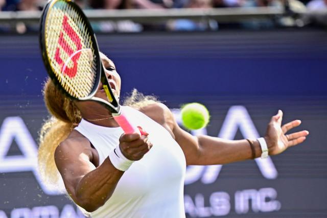 US tennis player Serena Williams returns the ball as she plays with Czech Republic's Karolina Muchova against New Zealand's Erin Routliffe and Mexico's Giuliana Olmos during the women's doubles round of 16 match at the WTA500 Berlin Tennis Open tournament in Berlin on June 16, 2026. (Photo by Tobias SCHWARZ / AFP)