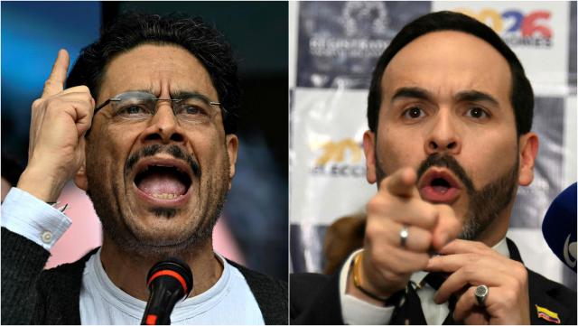 (COMBO) This combination of file pictures created on June 16, 2026 shows Colombia's presidential candidate for the Pacto Historico party Ivan Cepeda (L) during his closing campaign rally in Bogota on June 13, 2026, and Colombia's presidential candidate Abelardo de la Espriella  during the presentation of his running mate Jose Manuel Restrepo at the Cali registration office in Cali, Colombia, on March 12, 2026. Colombia will hold the presidential election runoff on June 21, 2026. (Photo by Juan BARRETO and JOAQUIN SARMIENTO / AFP)