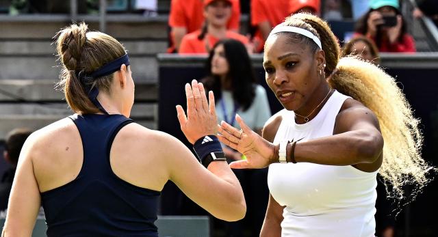 USA's Serena Williams (R) celebrates with Czech Republic's Karolina Muchova as they play against New Zealand's Erin Routliffe and Mexico's Giuliana Olmos during the women's doubles round of 16 match at the WTA500 Berlin Tennis Open tournament in Berlin on June 16, 2026. (Photo by Tobias SCHWARZ / AFP)