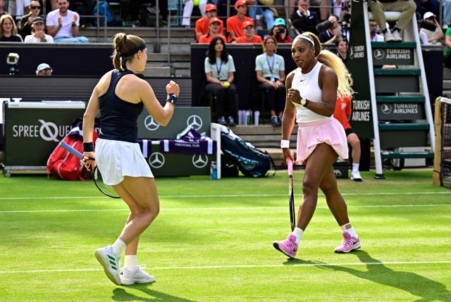 USA's Serena Williams (R) celebrates with Czech Republic's Karolina Muchova as they play against New Zealand's Erin Routliffe and Mexico's Giuliana Olmos during the women's doubles round of 16 match at the WTA500 Berlin Tennis Open tournament in Berlin on June 16, 2026. (Photo by Tobias SCHWARZ / AFP)