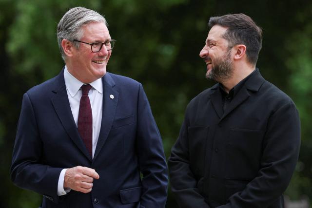 Britain's Prime Minister Keir Starmer (L) meets with Ukraine's President Volodymyr Zelensky on the sideline of the G7 summit, in Evian, eastern France, on June 16, 2026. A G7 summit is set to take place June 15 to 17 in the French town of Evian-les-Bains near Switzerland and it will be attended by country leaders as well as the EU's foreign policy chief and ministers from Brazil, Canada, the United Arab Emirates and Turkey. (Photo by Isabel Infantes / POOL / AFP)