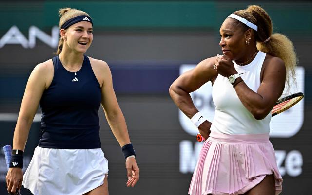 USA's Serena Williams (R) reacts with Czech Republic's Karolina Muchova as they play against New Zealand's Erin Routliffe and Mexico's Giuliana Olmos during the women's doubles round of 16 match at the WTA500 Berlin Tennis Open tournament in Berlin on June 16, 2026. (Photo by Tobias SCHWARZ / AFP)