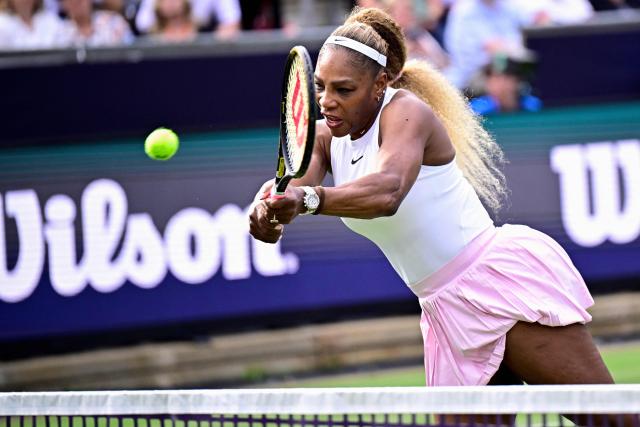 US tennis player Serena Williams returns the ball as she plays with Czech Republic's Karolina Muchova against New Zealand's Erin Routliffe and Mexico's Giuliana Olmos during the women's doubles round of 16 match at the WTA500 Berlin Tennis Open tournament in Berlin on June 16, 2026. (Photo by Tobias SCHWARZ / AFP)