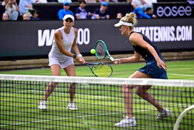 New Zealand's Erin Routliffe (R) and Mexico's Giuliana Olmos play against USA's Serena Williams and Czech Republic's Karolina Muchova during the women's doubles round of 16 match at the WTA500 Berlin Tennis Open tournament in Berlin on June 16, 2026. (Photo by Tobias SCHWARZ / AFP)