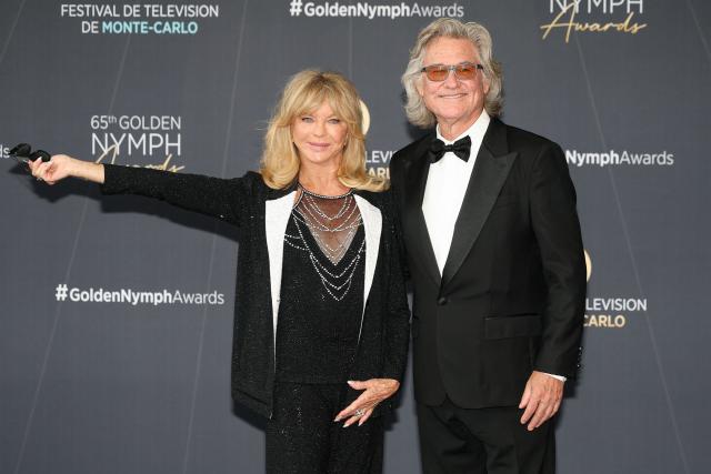 US actress Goldie Hawn and US actor Kurt Russell arrive for the closing ceremony of the 65th Monte-Carlo Television Festival in Monaco on June 16, 2026. (Photo by Valery HACHE / AFP)