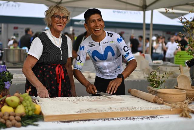 Colombian rider Nairo Quintana of team Movistar attends the team presentation on the eve of the first stage of the Tour of Switzerland (Tour de Suisse) cycling race, in Sondrio, Italy, on June 16, 2026. (Photo by Marco BERTORELLO / AFP)