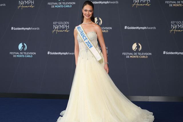 French model and Miss France 2026 Hinaupoko Deveze arrives for the closing ceremony of the 65th Monte-Carlo Television Festival in Monaco on June 16, 2026. (Photo by Valery HACHE / AFP)