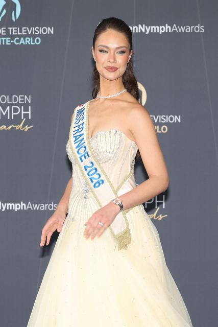 French model and Miss France 2026 Hinaupoko Deveze arrives for the closing ceremony of the 65th Monte-Carlo Television Festival in Monaco on June 16, 2026. (Photo by Valery HACHE / AFP)