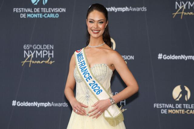 French model and Miss France 2026 Hinaupoko Deveze arrives for the closing ceremony of the 65th Monte-Carlo Television Festival in Monaco on June 16, 2026. (Photo by Valery HACHE / AFP)