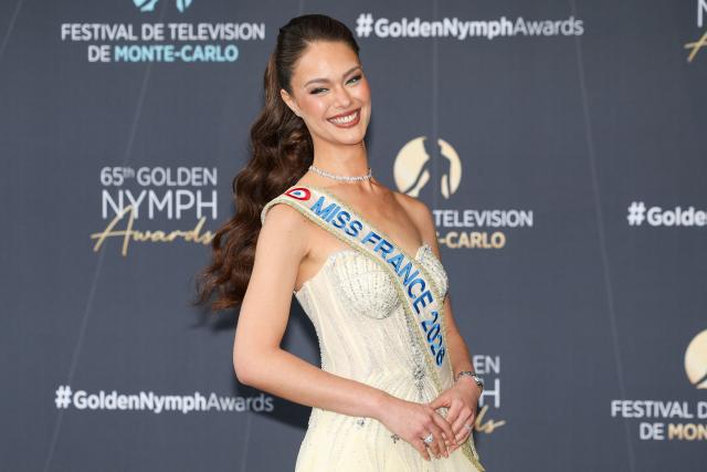 French model and Miss France 2026 Hinaupoko Deveze arrives for the closing ceremony of the 65th Monte-Carlo Television Festival in Monaco on June 16, 2026. (Photo by Valery HACHE / AFP)