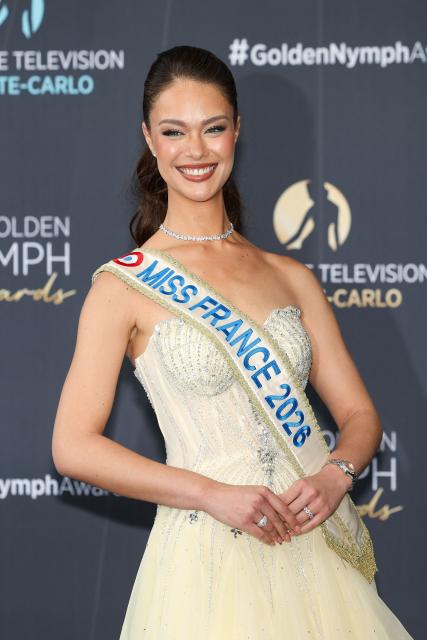 French model and Miss France 2026 Hinaupoko Deveze arrives for the closing ceremony of the 65th Monte-Carlo Television Festival in Monaco on June 16, 2026. (Photo by Valery HACHE / AFP)