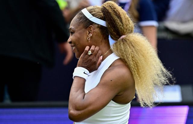 US tennis player Serena Williams reacts after losing with Czech Republic's Karolina Muchova against New Zealand's Erin Routliffe and Mexico's Giuliana Olmos during the women's doubles round of 16 match at the WTA500 Berlin Tennis Open tournament in Berlin on June 16, 2026. (Photo by Tobias SCHWARZ / AFP)