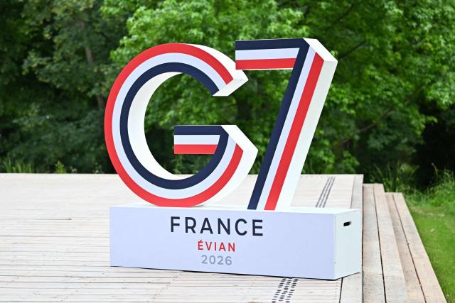 This photograph shows the G& sign during the G7 summit, in Evian, eastern France, on June 16, 2026. A G7 summit is set to take place June 15 to 17 in the French town of Evian-les-Bains near Switzerland and it will be attended by country leaders as well as the EU's foreign policy chief and ministers from Brazil, Canada, the United Arab Emirates and Turkey. (Photo by Mandel NGAN / POOL / AFP)