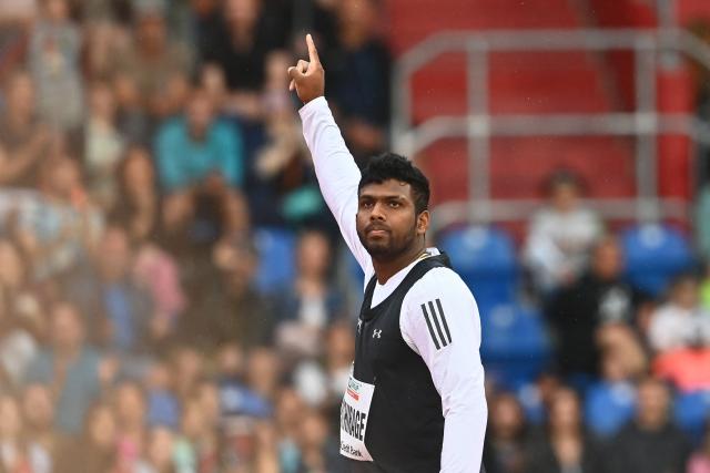 Rumesh Tharanga Pathirage of Sri Lanka reacts during the Javelin Throw event at the 65th IAAF 2026 Golden Spike Athletics Meeting in Ostrava, Czech Republic on June 16, 2026. (Photo by Michal Cizek / AFP)