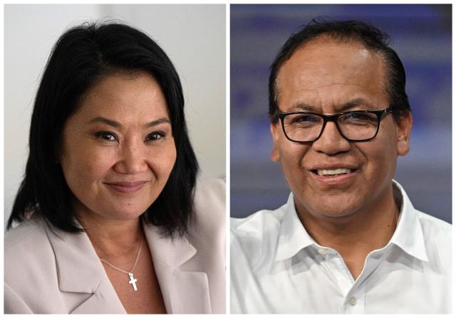 (FILES) (COMBO) This combination of pictures created on May 13, 2026, shows Peru's presidential candidate Keiko Fujimori (L), for the Fuerza Popular party, smiling during an interview with AFP at the party's headquarters in Lima on April 10, 2026, and Peru's presidential candidates Roberto Sanchez, for the Juntos por el Peru party, smiling before the start of the second round of debates on tackling crime and corruption at the Lima Convention Center in Lima on March 24, 2026. Right-wing candidate Keiko Fujimori remains in the lead in the official vote count for Peru's closely fought presidential run-off and has extended her lead over left-wing candidate Roberto Sanchez, who has alleged irregularities in the electoral process, according to updated results released on June 16, 2026. (Photo by Ernesto BENAVIDES / AFP)