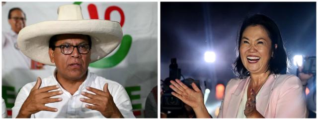 (FILES) (COMBO) This combination of pictures created on May 13, 2026, shows Peru's presidential candidate Roberto Sanchez (L), of the Juntos por el Peru party, giving a speech following the first results of the presidential election in Lima on April 12, 2026, and Peru's presidential candidate Keiko Fujimori, for the Fuerza Popular party, dancing and applauding during her closing campaign rally at Villa el Salvador in Lima on April 9, 2026. Right-wing candidate Keiko Fujimori remains in the lead in the official vote count for Peru's closely fought presidential run-off and has extended her lead over left-wing candidate Roberto Sanchez, who has alleged irregularities in the electoral process, according to updated results released on June 16, 2026. (Photo by Luis ROBAYO and Ernesto BENAVIDES / AFP)