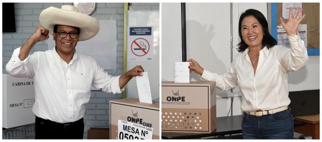 (FILES) (COMBO) This combination of pictures created on May 13, 2026, shows Peru's presidential candidate Roberto Sanchez (L), of the Juntos por el Peru party, casting his vote in Lima on April 12, 2026, during the presidential election, and Peru's presidential candidate Keiko Fujimori, of the Fuerza Popular party, casting her vote in Lima on April 12, 2026, during the presidential election. Right-wing candidate Keiko Fujimori remains in the lead in the official vote count for Peru's closely fought presidential run-off and has extended her lead over left-wing candidate Roberto Sanchez, who has alleged irregularities in the electoral process, according to updated results released on June 16, 2026. (Photo by AFP)