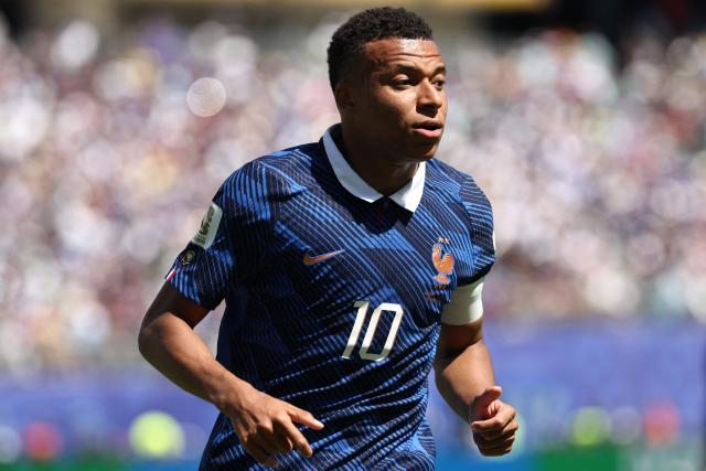 France's forward #10 Kylian Mbappe reacts during the 2026 World Cup Group I football match between France and Senegal at the New York/New Jersey Stadium in East Rutherford on June 16, 2026.  (Photo by FRANCK FIFE / AFP)